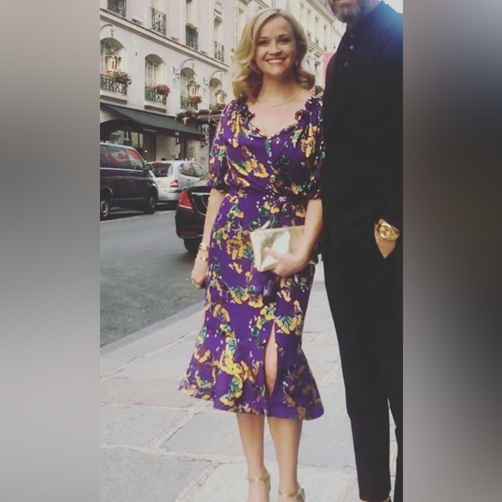 SALONI Purple and Yellow Floral Midi Dress